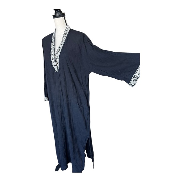 Oscar de la Renta Black Maxi Caftan Dress with White Accents Size L - Picture 4 of 8